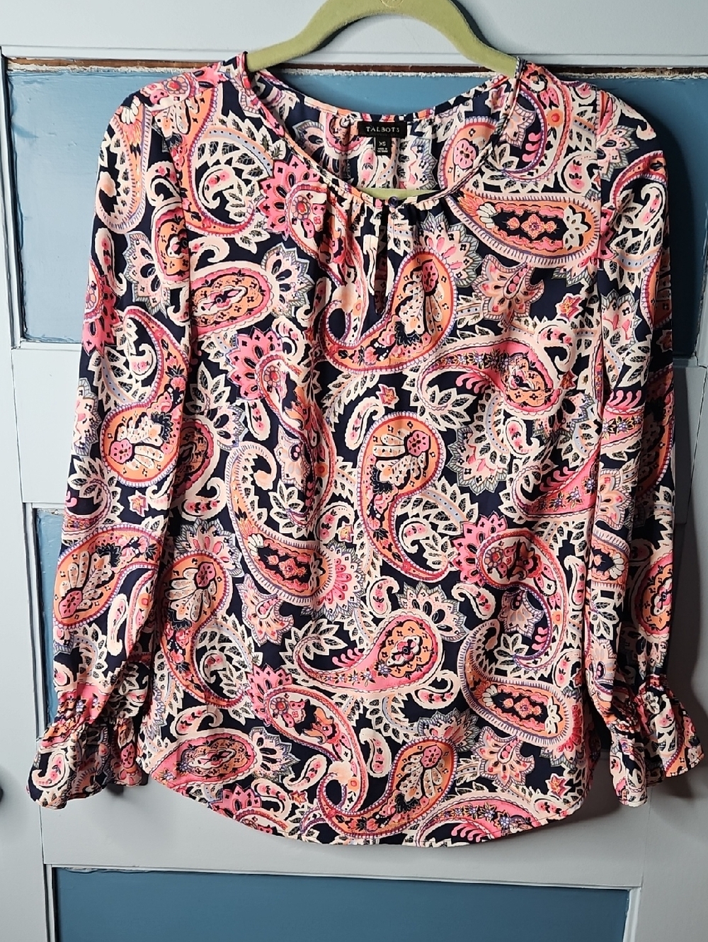 Talbots Navy and Pink Paisley Long-Sleeve Blouse XS